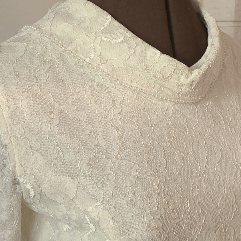 Vintage 60s 70s Ivory Lace Cowl Neck Gown Wedding S  - Picture 4 of 8